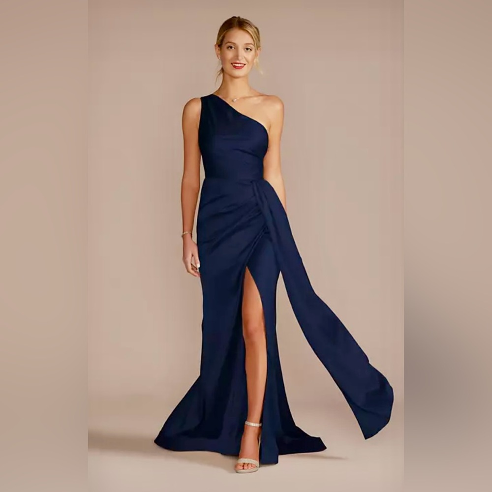 Galina Signature Women’s Marine Blue One Shoulder Satin Bridesmaid Dress. Size 4
